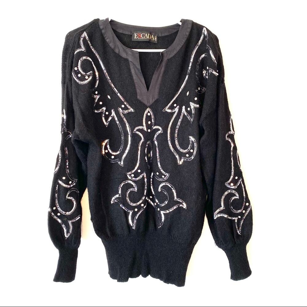Vintage Escada Margaretha Ley Mohair Sequin Black Sweater 34 Small made Germany